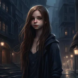 pretty girl, conventionally attractive, dark clothes, realism, dreamy, tight top, age 13, sorcerer, city