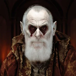 very grainy discolored modern photo, closeup portrait, dark ancient hall with no lights, grunge, extremely old male with chalk-white skin wearing old dashing and opulent gilded clothes, threatening, imposing, nosferatu