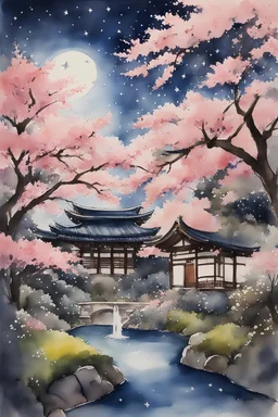 Peinture aquarelle de style ghibli, un jardin japonais avec des cerisiers en fleur, une fontaine, la nuit un ciel étoilé