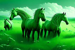 illustration fantasy green horses in a field from afar
