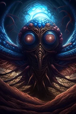 Craft a high-resolution 8k, photorealistic image that merges the omnipresent eye wings structure, symbolizing universal surveillance, with the eldritch horror style of H.P. Lovecraft. This non-anthropomorphic entity exhibits wings made of countless eyes, unfolding amidst swirling cosmic clouds, contrasted against the floating central sphere of an eye monster, emitting an eerie, spectral light. The tentacles extend into the darkness, adorned with arcane symbols, suggesting a universe of inscrutab
