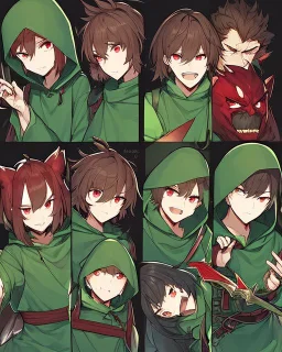 Short brown hair, red eyes who wears a green blouse open with its hood, holds a bright red knife, Smile insanely and very angry, Aspect that shows that the character is a villain, Aspect that shows that the character is a villain, dark background Very dark, and HQ Manga style He is a man but resembles a woman.