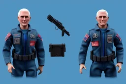 Mike Pence as G.I. Joe Doll toy With a gun space force Commander Blue fabric uniform, black Moonboot in plastic packaging