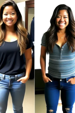 Gina Rodriguez at 0% transformation exhibits a casual appearance with average physique. She wears standard jeans and a T-shirt. Her hair is dark, and her complexion is ordinary. Gina stands at an average height with typical body proportions. No notable curves or distinct facial features. Body: Average, Ordinary, Casual, Standard, Typical Hair: Dark, Average Outfit: Jeans, T-shirt Height: Average Physique: Standard Facial Features: Ordinary Complexion: Typical