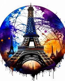 logo on transparent background paper, chromatic, zoom, sharp, realistic, splash of colors on a white background, a detailed golden purple sunset fire style, detailed realistic earth, Paris eiffel tower with light blue water, graffiti elements, powerful zen composition, dripping technique, & the artist has used bright, clean elegant, with blunt brown, 4k, detailed –n 9, ink flourishes, liquid fire, clean white background, zoom in, close-up