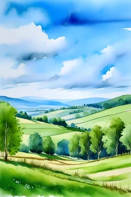 watercolor painting of landscape in french countryside, with trees and green hills in the background, with a blue sky and white clouds