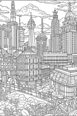 various architectural landmarks and cityscapes, coloring book page, simple and clean line art, adult drawing book, black and white, crisp black lines, no shades, sharp lines, coloring book for adults, cartoon style, landscape