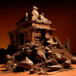 A brownish bronze ruined rocky temple with shattered pottery painted by Andy Warhol