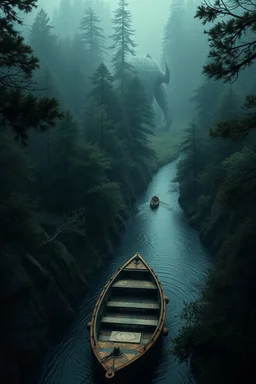 vista dall'alto di un fiume in una foresta oscura con barca antica romana e una creatura gigante sullo sfondo in mezzo agli alberi