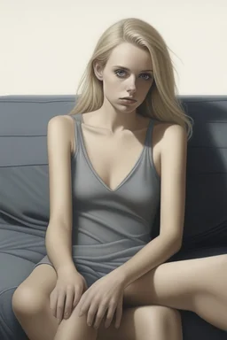 beautiful girl on sofa, anorexic, american apparel, grey bikini, photorealistic, blond hair to chin