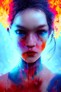 a beautiful portrait of a young Demon girl covered in deep colourful flames by Greg Rutkowski, Sung Choi, Mitchell Mohrhauser, Maciej Kuciara, Johnson Ting, Maxim Verehin, Peter Konig, Bloodborne , 8k photorealistic, cinematic lighting, HD, high details, atmospheric , trending on artstation