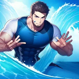 very fit anime surfer boy, waves, perfect detail on hands and facial features