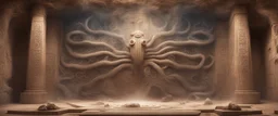 realistic strange paleozoic hydra "dimensional portal made of subatomic particles" in a gigantic Pueblo bejeweled palace hyeroglyphs on the walls, thunderbolt storm