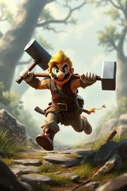 Male Fantasy RPG character, barbarian, chaabi kawaii Mario proportions, lord of the rings inspiration, with hammer, in a bounding run, cgi animation character