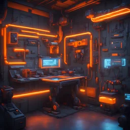 cyberpunk gun crafting station, orange lights, sci-fi room, robotics