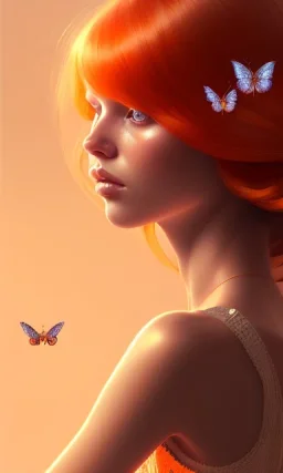 girl, cute, beautiful, head and shoulders portrait by Greg Rutkowski, orange hair, long hair, butterflies in hair, orange dress