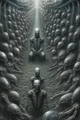 A field of thousands hands inside a human cell , a thin line draw ،front view camera, surreal horror, biomechanical design, by hr giger and beksinski , Busch painting style