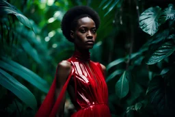 cinematic, photo, a young african woman dressed in a red glass dress, catwalk in the jungle, maison margiela, fashion movie, realistic skin, detailed face, Close-up shot, Canon EF 50mm f/1.2L USM lens on a Canon EOS 5D Mark IV camera
