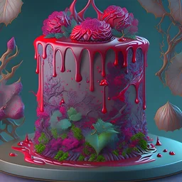 killer cake, blood, guts, intricate, darkred tones, nature, plants, ultra-detailed, iridescent, intricate shadows, Octane render, hyper-realistic, 8K, intricate textures, subsurface scattering,