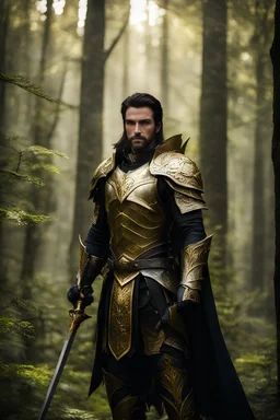 Photorgraphy powerful Guardian ranger of the forest of the Eladrin wearing gold and black leather armor