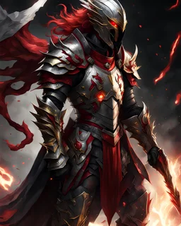 silver and gold armor with glowing red eyes, and a ghostly red flowing cape, crimson trim flows throughout the armor, the helmet is fully covering the face, black and red spikes erupt from the shoulder pads, crimson and gold angel like wings are erupting from the back, crimson hair coming out the helmet, spikes erupting from the shoulder pads and gauntlets