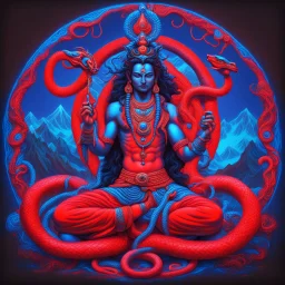 Shiva in mountain shambala neon red and blue with snake