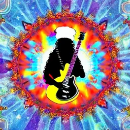 hippie Santa playing electric guitar psychedelic peace sign