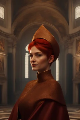 female pope Across the Salon. Selfie, in the style of Bichitr and Alonso Cano, glass paint, redhead with pixie haircut, perfect eyes, ((looking at viewer and smiling beautifully)), half body portrait, profile, high definition, exquisite craftsmanship, hyperrealistic, organic, 8k, Back Lighting, double exposure, unique, irresistible, bewitching, fabulous, very pretty, mesmeric, dreamy, , trending on artstation, sharp focus, studio photo, intricate details, highly detailed, by greg rutkowski,