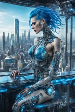 A beautyful biomechanical woman with tranparent glass body and blue hair, sitting in the cyberpunk rooftop bar in futuristic city, intricate details, HDR, beautifully shot, hyperrealistic, sharp focus, 64 megapixels, perfect composition, high contrast, cinematic