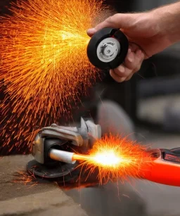 A tool emitting water fire plasma electricity angle grinder Sparks