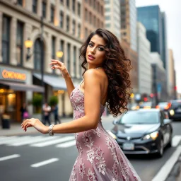 very beautiful lady with makeup long curly hair pretty prances jeweled full body dress_posing_to_camera in a modern city street