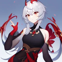 Genshin woman, Clear Focus High resolution, Calm Background, Light skinned woman, Black long beatiful hair, Red sparkling eyes, Red Horns, Black crop top, Black long bangs