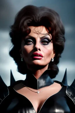 young sophia loren as evil queen in black leather, angry, stern look, volumetric lighting, particales,highly detailed,cinematic, deep colours,8