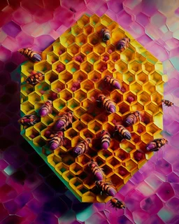 A magenta honeycomb hive with honeybees painted by Paul Cezanne