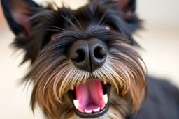 nose mouth and eyes of a Scottish terrier coming up from the side-bottom, mouth open biting