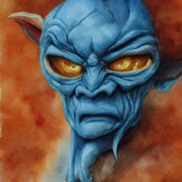 dungeons and dragons, fantasy, goblin, king, portrait, distinct face, ochre skin, watercolour, blue nose