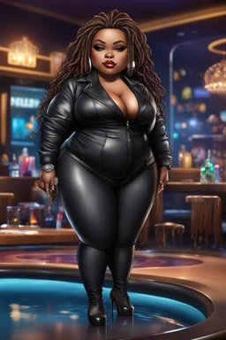 Create a digital airbrush chibi cartoon of a black plus size female wearing a black leather suit with black heels. Prominent make up with brown eyes. Highly detail black shiny locs that flow down her back. Extra-long diamond hoop earrings and jewelry. Background of a night club with a pool table behind her