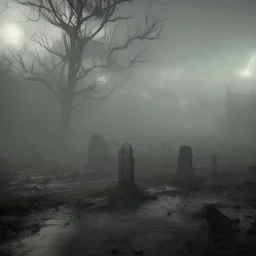 fog graveyard, human hybrid spirit ghost black open mouth screaming in anger, lightening from the ground to the sky, , hell opening up