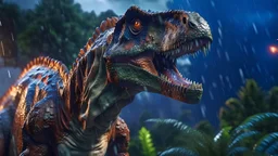 Huge dinosaur in a thunderstorm, intricately detailed face, Professional photography, bokeh, a breathtaking background cinematic side light, wide shot shot on dslr 64 megapixels sharp focus, canon lens, Hyperrealistic, concept art, 16k resolution