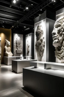 Contrasting exhibition design with highly textured exhibitions and sculptures