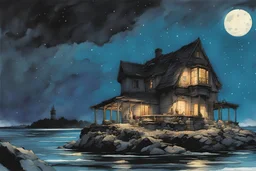 Claude von Riegan Fire emblem Three House, A soft-focus image of stary night sky casting a warm glow, ocean at night, create in inkwash and watercolor, in the comic book art style of Mike Mignola, Bill Sienkiewicz and Jean Giraud Moebius, highly detailed, gritty textures,