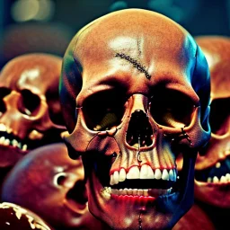 a picture of a dark, comedic, anatomically correct wall of colorful tightly packed skulls of varying sizes and expressions, photo realistic, insanely meticulous, highly detailed, part of a collection of bones on display, 64k, dystopian, vray