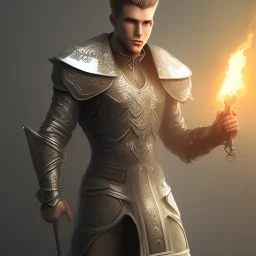  male fantasy super hero, with grey suit,sord in right hand fire effect , plain background 4k image