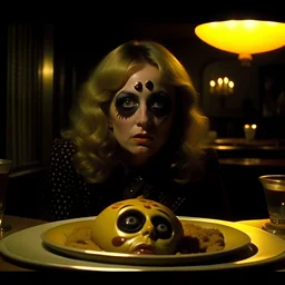 Spooky, ultra realistic distress, dining, ultra realistic hot woman, giant eye on a table, organic hot bondes, dynamic, anguish, excited and lively scene, hypermaximalist figures, Creepy the Ring Alfred Hitchcock, Sam Raimi, insanely detailed, sinister, John Carpenter, Dario Argento, ornate