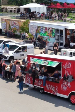 awesome looking food truck with many people lined up . Show the food truck fleet in the background.