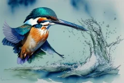 A beautiful kingfisher diving into water. Highly detailed, smooth colours, realistic landscape. Aquarell