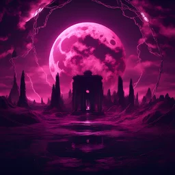 A realistic moon in a glowing dark pink landscape, 4k, lightning, chains, a mirror in the middle