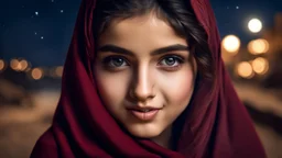 Hyper Realistic Photographic-close-view of Young Beautiful Pashto Girl with-beautiful-eyes-&-lips in a Maroon-dress peeking from-her black-shawl & giving bold expressions-with-little-smile riverside at beautiful moonlight-night showing dramatic & cinematic ambiance.