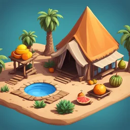 create a fruits into cartoonist hut style model isometric view for mobile game bright colors render game style desert style