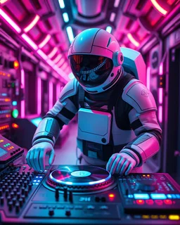 An astronaut playing turntable as DJ player in futuristic, sci-fi armor ,positioned in front of a complex control panel filled with various buttons and switches that are also illuminated, in a background resembling a corridor or chamber adorned with neon lights creating a sci-fi atmosphere, with more neons light colors,play music dj player